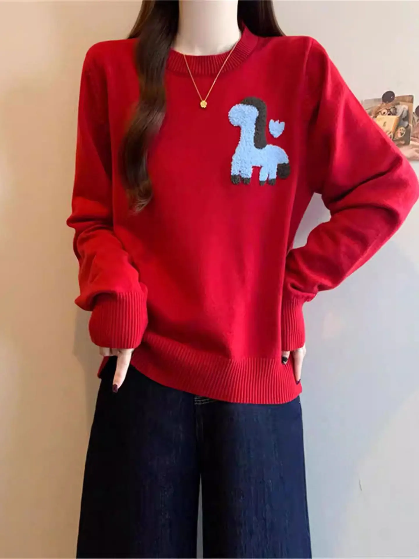 

Cartoon Long Sve Knitted Sweater Women's Sli Beautiful Winter Faion plus Size Slimming Young-looking Top