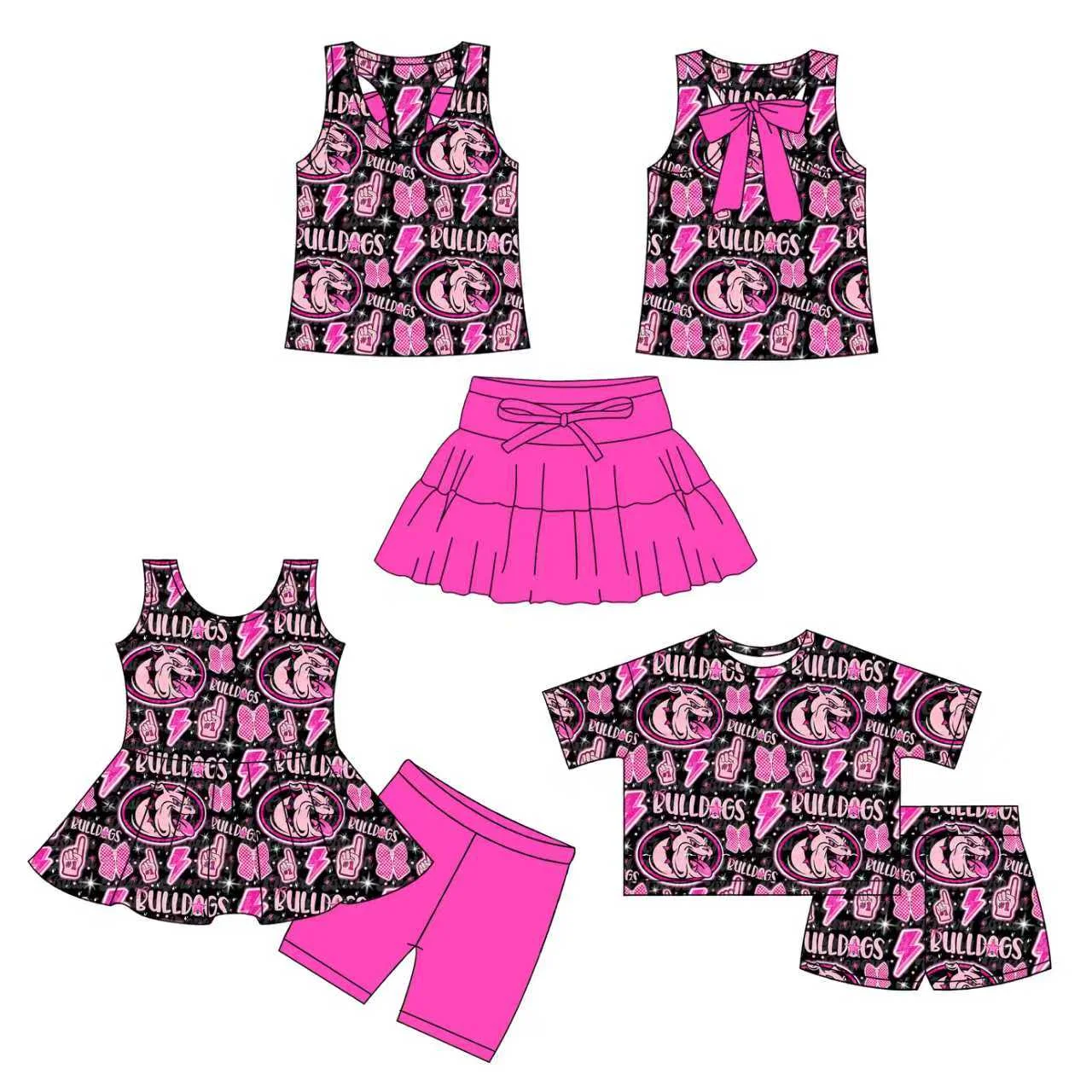 Kids Sporty Casual Clothing Summer Toddler Bulldog Themed Outfit Girl Bulldog Outfit Bow Back Tank  Ruffled Skirt Set