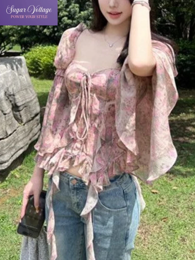 

Французские винтажные элегантные рубашки с цветочным принтом, женские тонкие топы с пышными рукавами на шнуровке, нерегулярный дизайн, сексуальные романтические осенние модные наряды