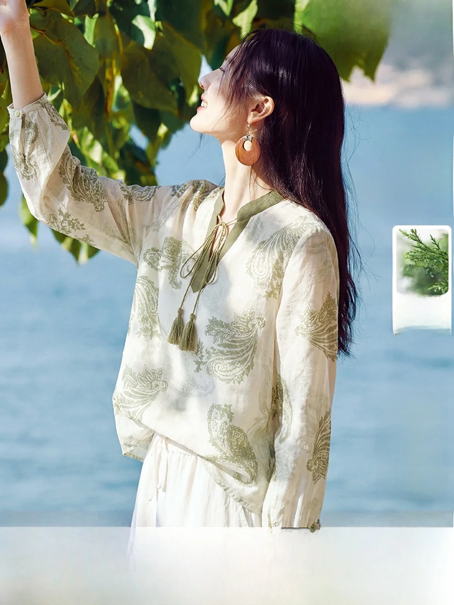 

XWI Linen Tassel Belt V-Neck Comfortable Breathable Summer Shirt Women's Traditional Chinese Style Long Sleeve Straight Cut S...