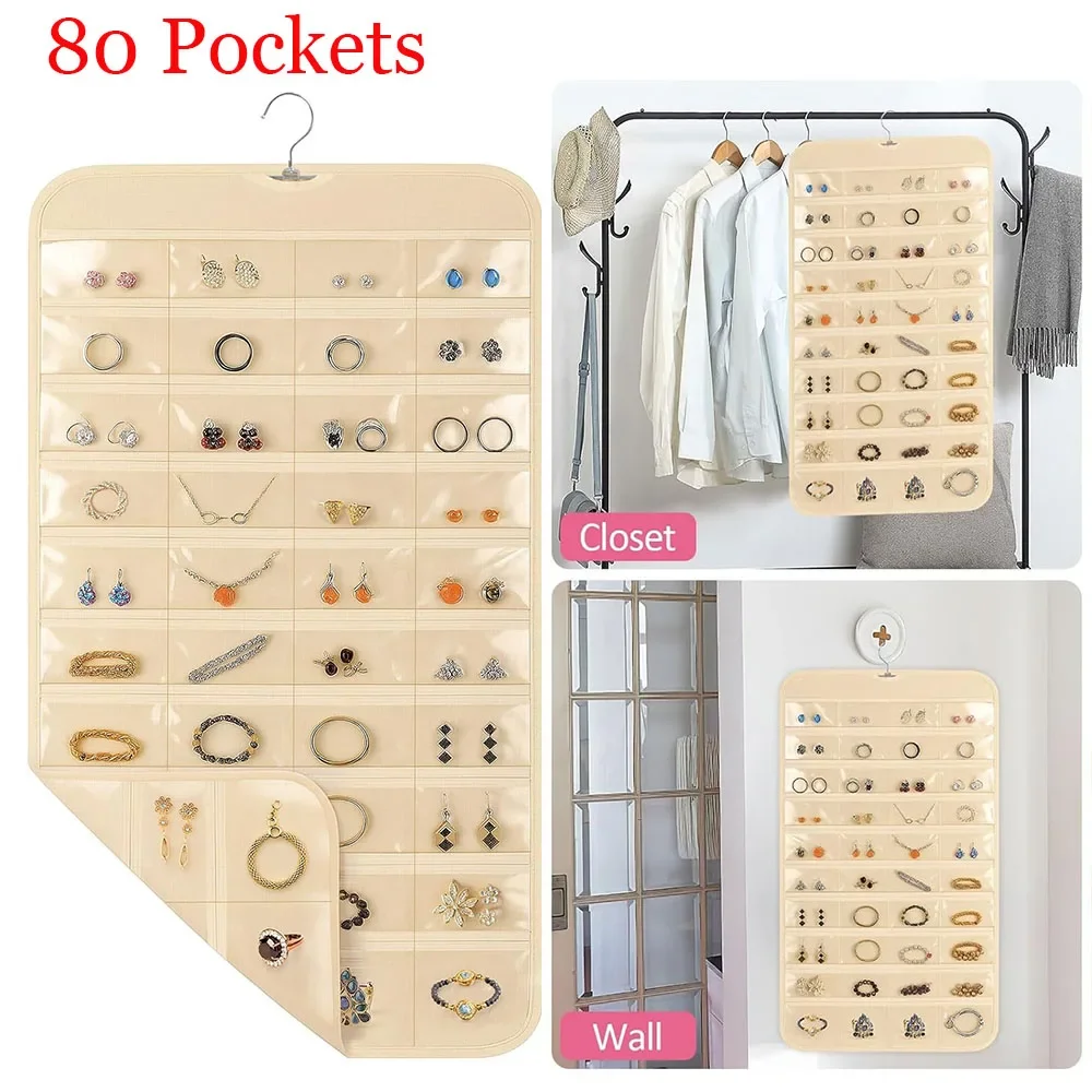 1pc 80 Pockets Hanging Women Jewelry Organizer, Earrings Necklace Bracelet Ring Accessories Display Holder