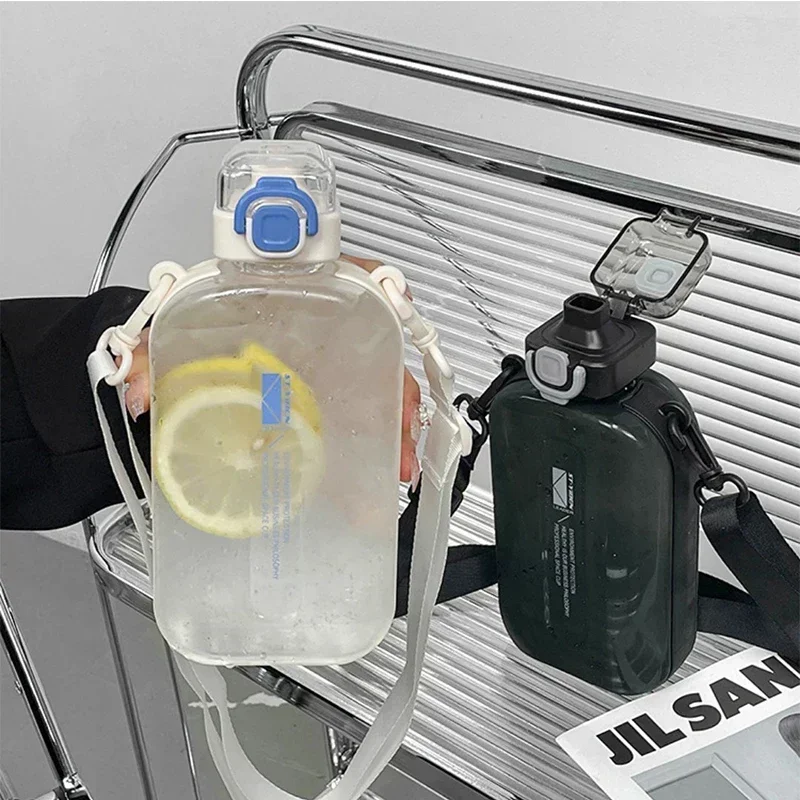 Flat Square Transparent Water Bottle Portable Travel Canteen with Adjustable Strap Elegant Slim Bottle for Sport Camping