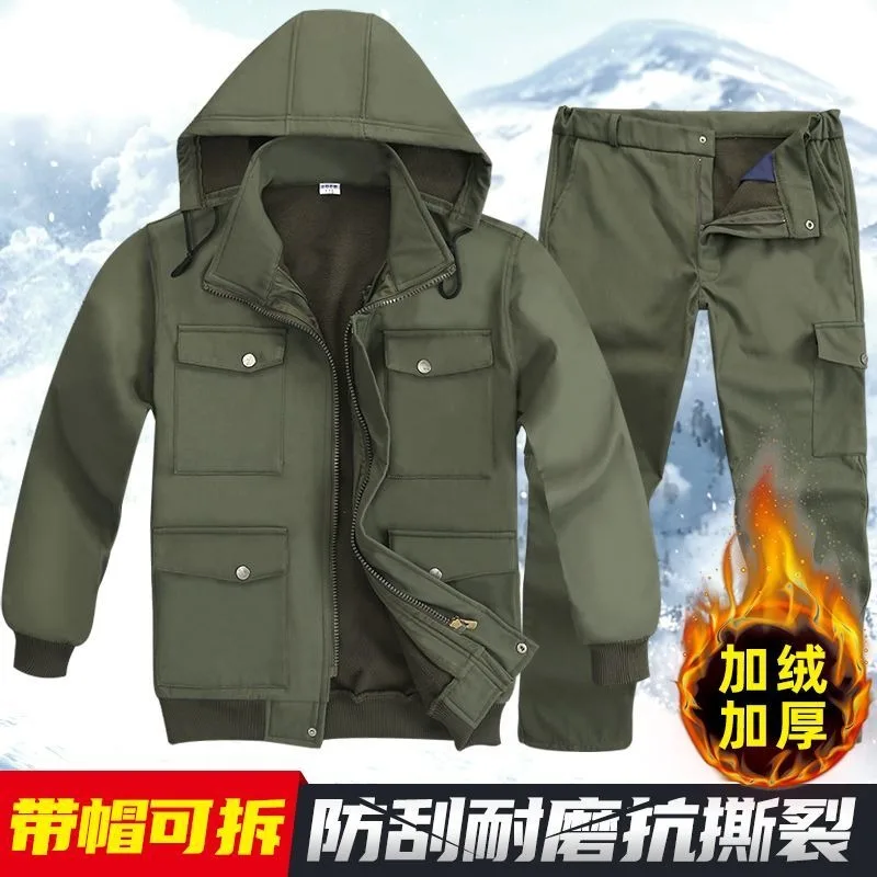 Men Winter Fleece Lined Work Pants Thick Wear Resistant Multi Pocket Cargo Trousers for Welding Construction Site Labor Workwear