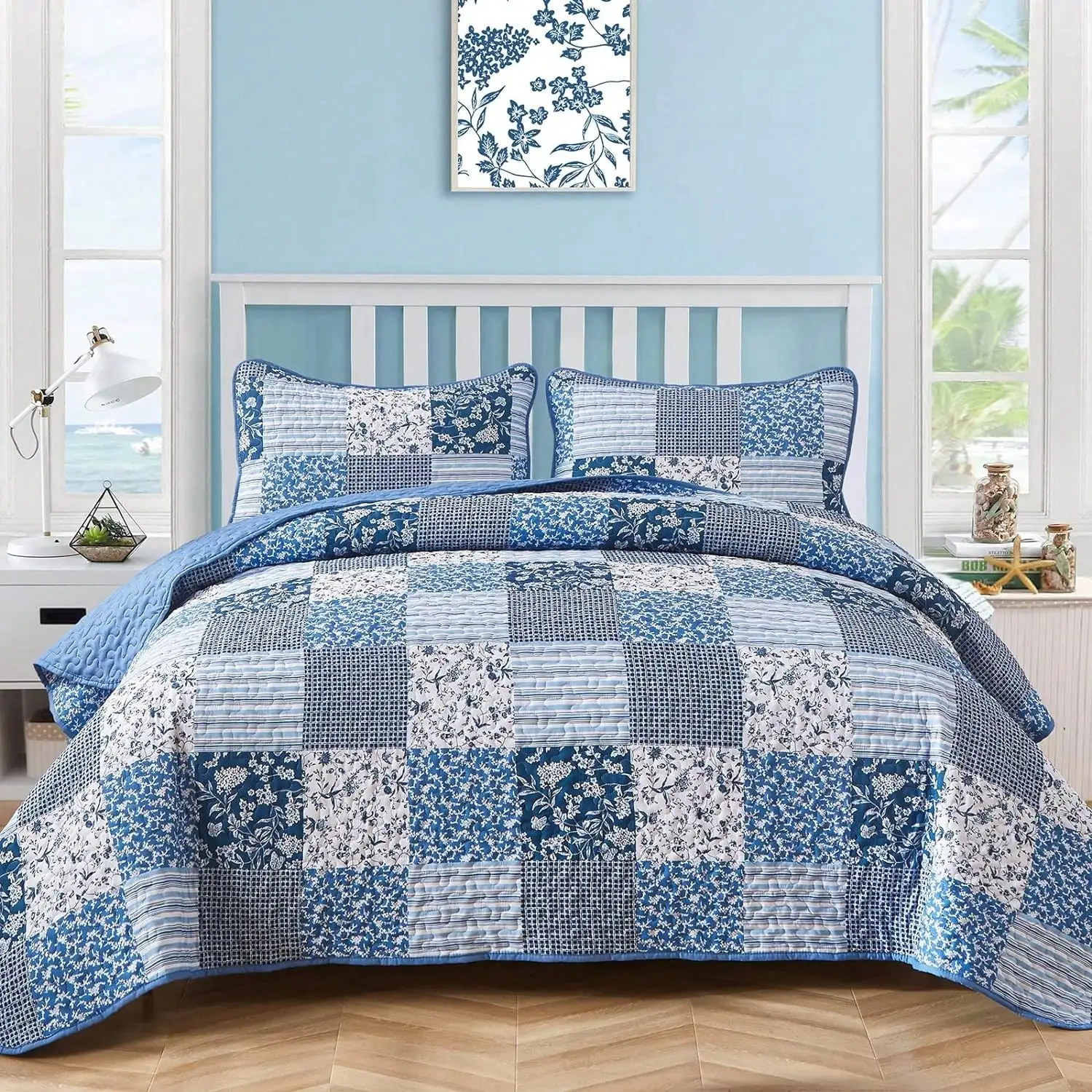 3 Pieces Floral Plaid Blue Queen King California King Size Reversible Bedspread Coverlet Set,Soft Microfiber Bedding Set Pillowcase For Wedding Items, Fall Halloween Day Home Bed Room Decor, Christmas Day Gift,All Season