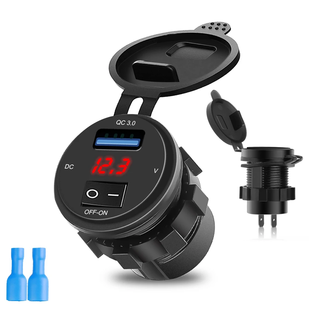 QC 3.0 USB Car Charger Socket Digital LED Display Voltmeter with ON-OFF Switch for Auto Motorcycle Adapter Interior Accessories