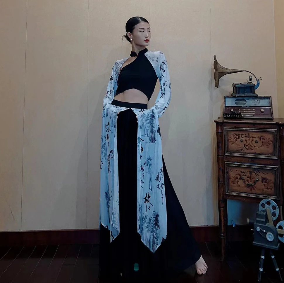 Chinese Style Ink Print Stage Suit Modern Dance Jazz Costume Show Women Long Sleeve Patchwork Top + Skirt Dance Clothes