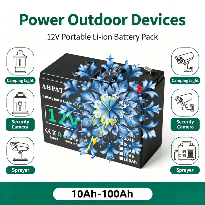 12V Portable Lithium Battery Pack 10‑100Ah Outdoor Camping Power Supply For LED Light Spray Device Camera