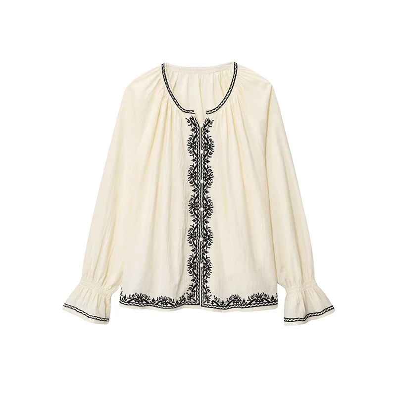 

RAFZNB Women's Fashion Embroidery Shirt Summer O-Neck Long Sleeve Loose Shirts Vintage Female Blouses Tops ﻿ ﻿