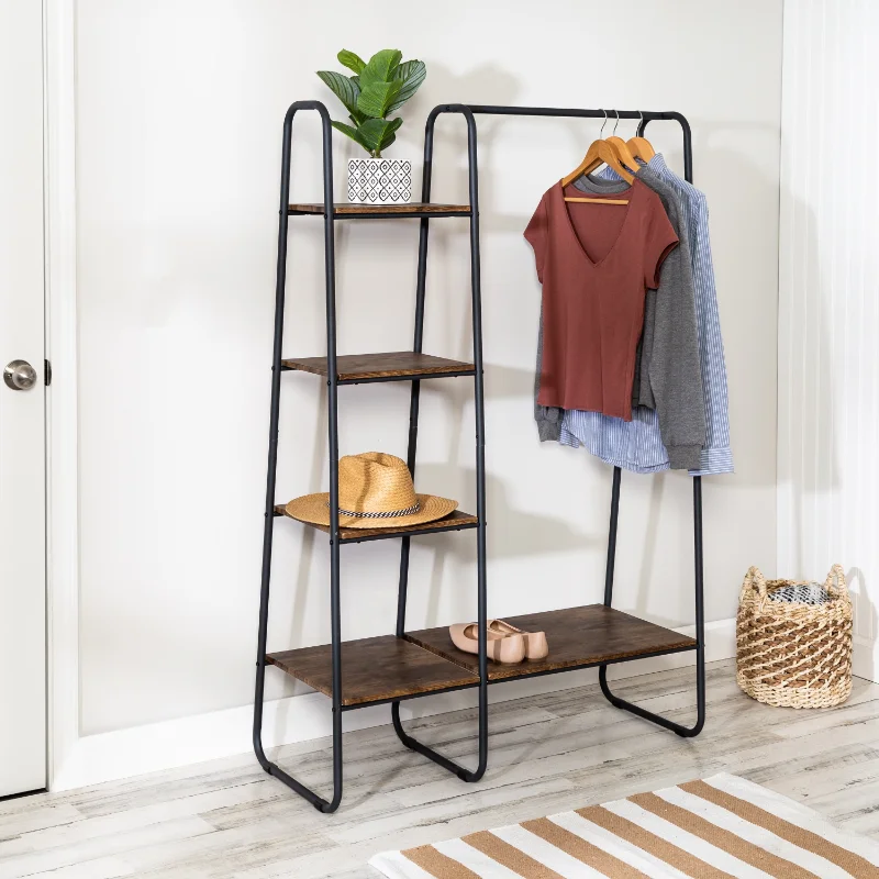 

Can Do Freestanding Metal Clothing Rack with Wood Shelves, Black/Natural