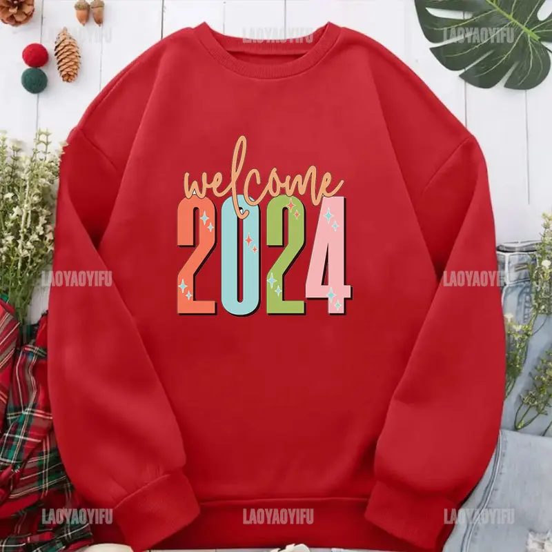 2024 Gelukkig Nieuwjaar Sweatshirt Mode Lange Mouw Hoodie Kerst Hiphop Ronde Hals Trui Dames Streetwear