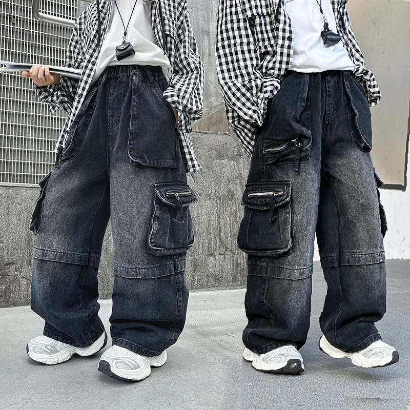 

Джинсы в стиле пэчворк для мальчиков-подростков, осенний новый стиль, детские американские уличные прямые широкие джинсовые брюки, уличная одежда, От 4 до 14 лет