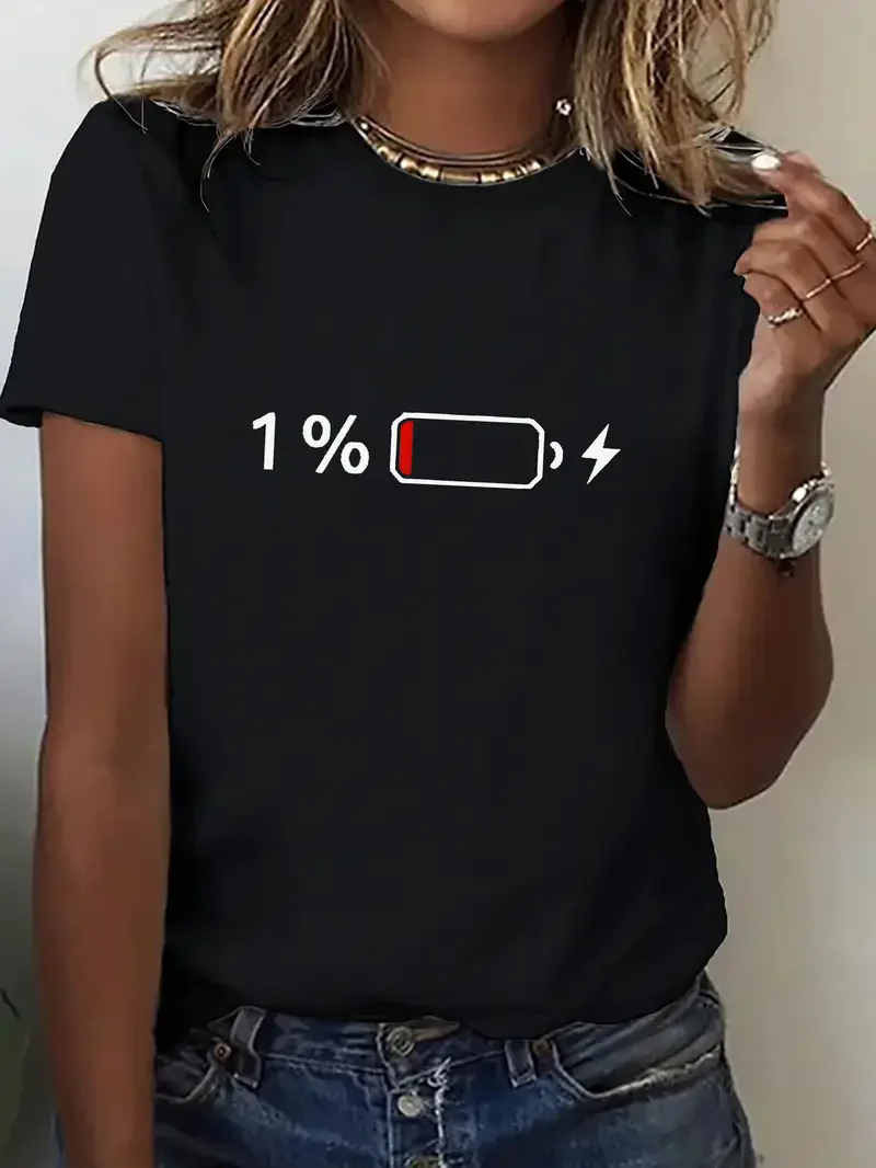 Shirt 1% Battery Print Graphic Casual T-Shirt Short Sleeve T Shirt Women's T-Shirt Clothing Top Tee Girls