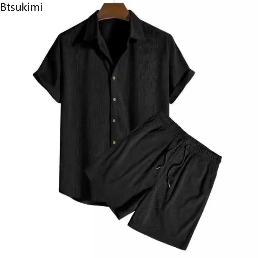 Summer New Men's Corduroy Solid Casual Two Piece Set Short Sleeve Lapel Button Shirts and Shorts Beach Outfit Fashion Streetwear