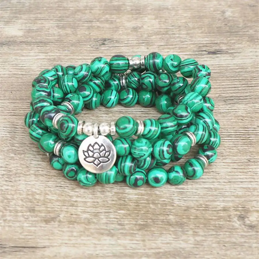 

8mm 108 beads green Malachite bracelets lotus pendant zazen Chaplet Meditation Jewelry Buddhist Natural stone Sacred Gemstone