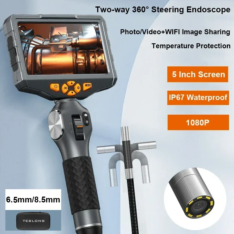 

TESLONG TD500 6.5MM Articulating Borescope 1080P 5 Inch IPS Two Way 360° Steering Endoscope Video Inspection Camera with WIFI
