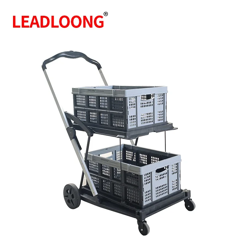LEADLOONG Wholesale Two Tier Shopping Troller Multi Use Functional Collapsible Carts Mobile Folding Trolley Shopping Cart