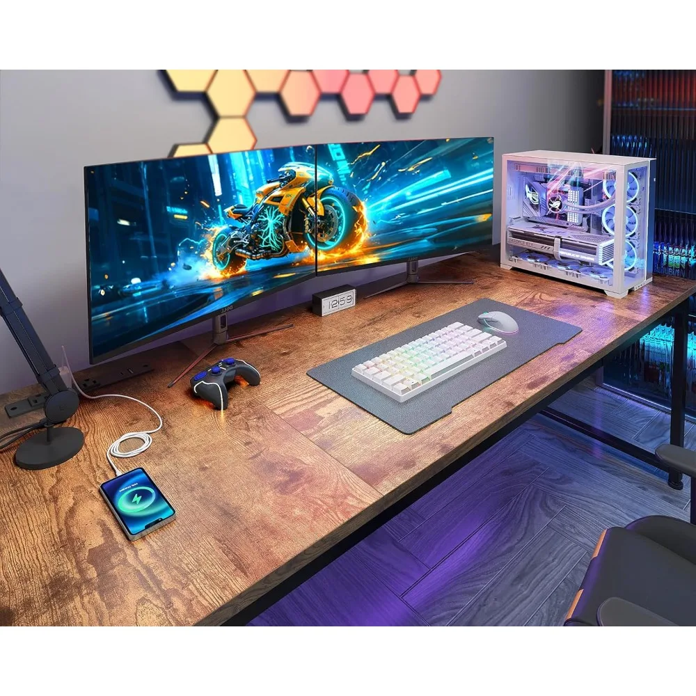 Coleshome 71 Inch Computer Desk with USB Ports, Large Office Desk, Long Study Student Writing Desk, Rustic Brown