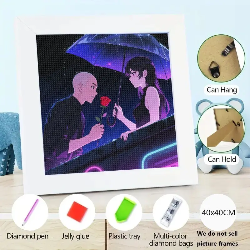 

1 шт. 5D DIY комплект алмазной живописи, романтическая аниме-пара под зонтиком и розой, неоновая городская ночная сцена, полная дрель, стразы, вышивка