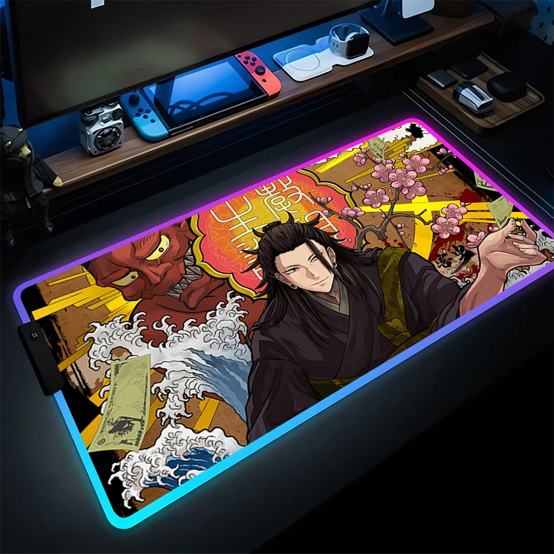 لوحة الماوس اليابان أنيمي LED الكمبيوتر J-jujutsu K-kaisen Geto Mousepad الألعاب اكسسوارات اللوحي لوحة المفاتيح RGB مضيئة حصيرة مكتبية