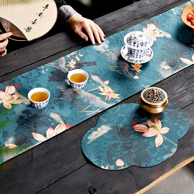 Double Sided Waterproof Tea Table Mat New Chinese Zen Style Table Runner Gambiered Gauze Non Slip Tea Accessories