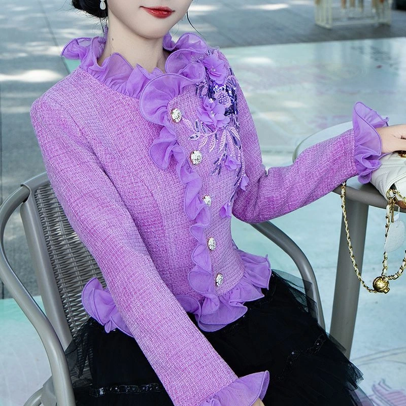 

Purple Cropped Tweed Blazer 2025 Dopamine Dressing Jacket Chic Wool-like Short Coat for Fall Winter