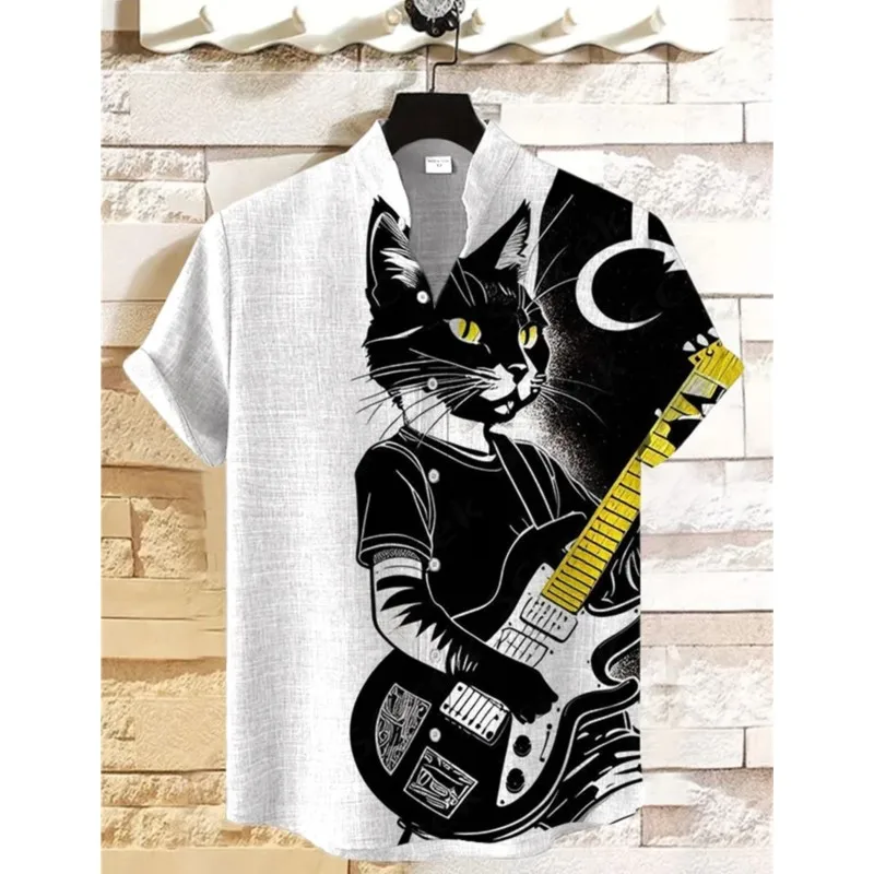 Men's Ukiyo-e Wavy Bottle Cat Art Printed Casual Shirt Harajuku Summer Button Casual Shirt Camicia Uomo Erkek Kiyafetleri