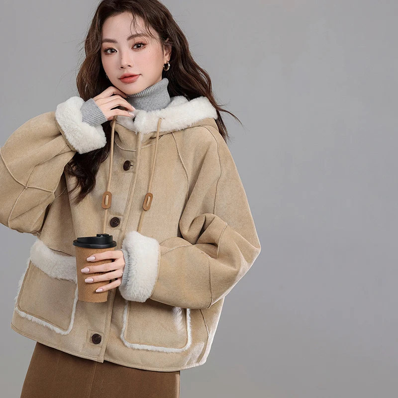 Hooded Lamb Wool Coat Women Vintage Cropped Faux Fur Jacket Korean Patchwork Fluffy Outerwears Winter Long Sleeve Furry Coats