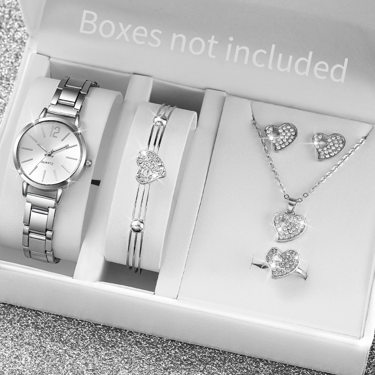 Pulseira de relógio de aço inoxidável para mulheres, relógios de quartzo analógico, conjunto de jóias sem caixa, moda, 6pcs