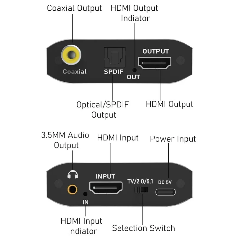 4K 30Hz HDMI-compatible Audio Extractor SPDIF Coaxial 5.1CH Optical Converter 3 Audio Modes Audio Extractor
