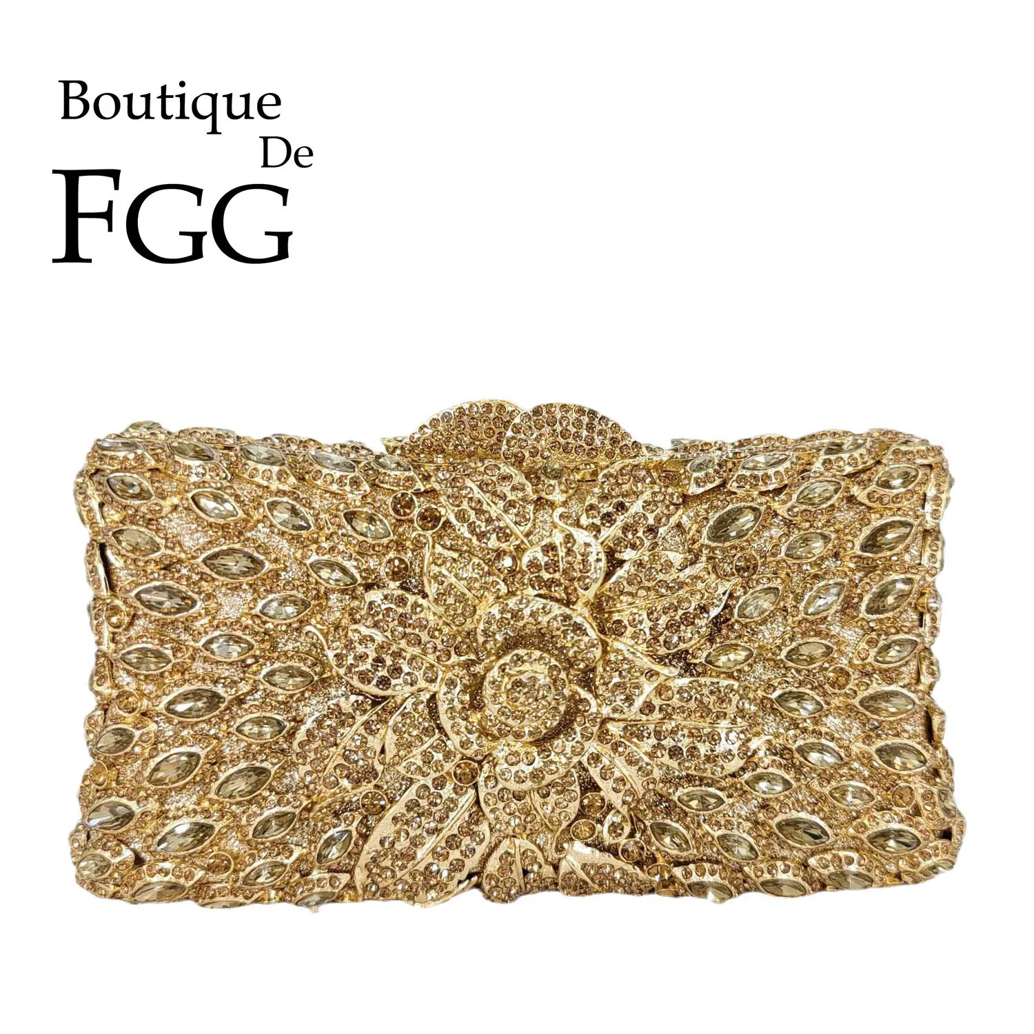 

Boutique De FGG Elegant Women Gold Evening Bags Wedding Party Bridal Crystal Clutch Handbags Floral Minaudiere Purses