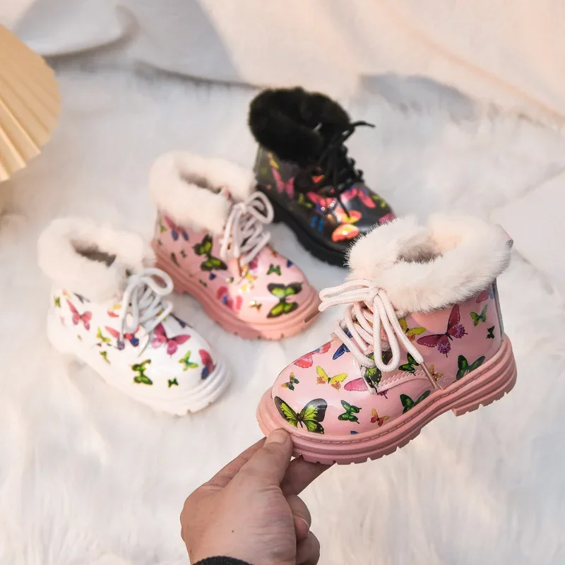 Girls Short Boots with Cute Butterfly 2024 Winter New Fashion Kids Princess Boots with Fur Sweet Girls Leather Boots Non-slip