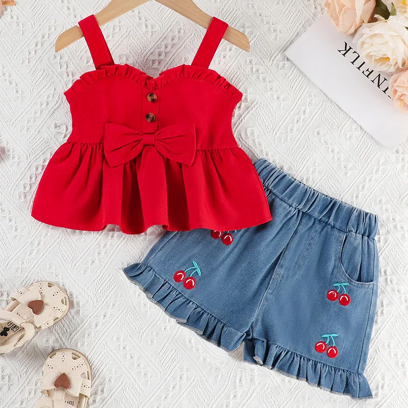 

Kids Summer Clothes Toddler Girl Outfits Set Korean Fashion Cute Bow Sleeveless Tops+Denim Shorts Baby Boutique Clothing B196