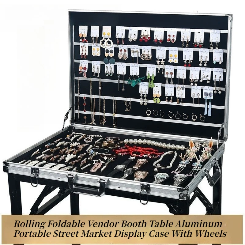 Portable Rolling Trade Show Display Case, Foldable Aluminum Street Vendor Booth Table With Wheels for Outdoor Market Stall
