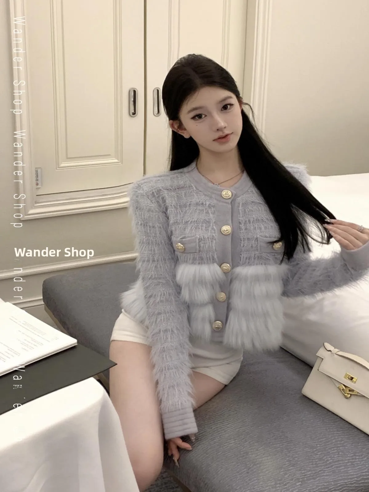 

Kubiliv Korean Sle Aosphere Sensation Open Cardigan Women's iny Tead Splicing Fur Classic round Ne Small Size S...