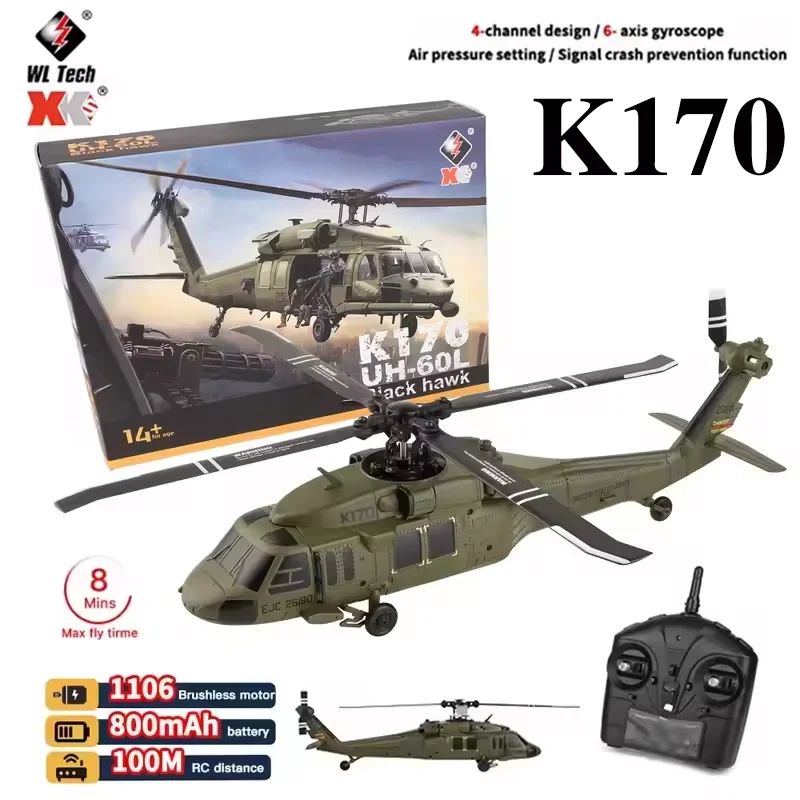 

WLtoys K170 Remote Control Helicopter 4 Channel 6-Axis Gyro Brushless Motor Military Green RC Helicoper For Indoor Outdoor Gifts