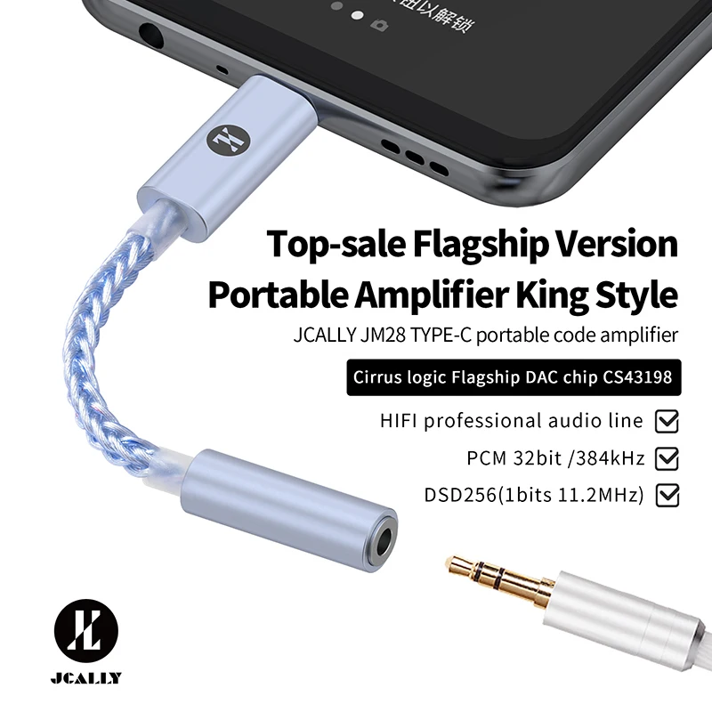 JCALLY JM28 Cirrus Logic CS43198 Chip Portable DAC Decoder Adapter Type-C To 3.5mm Headphone Amplifier DSD256 32bit/384KHz