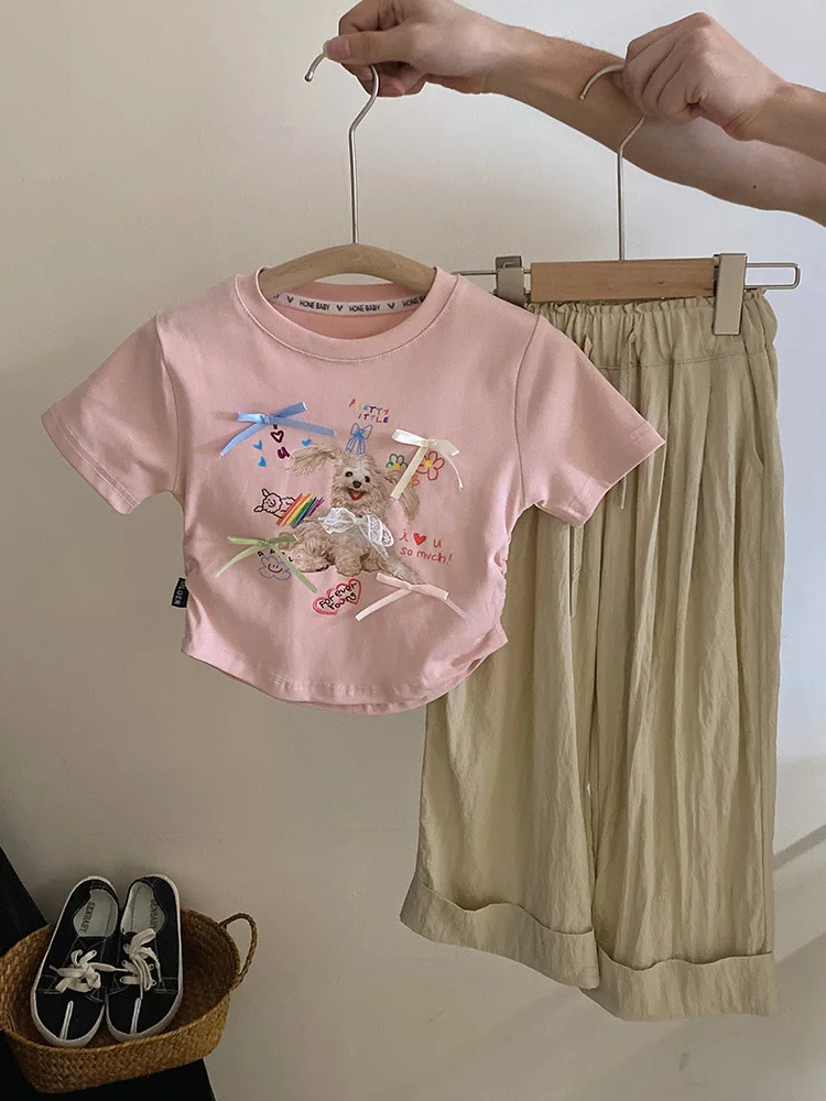 

Girls' Suit2024Summer New Little Girl Cute Cartoon Short SleeveTT-shirt Fashion All-Matching Casual Pants