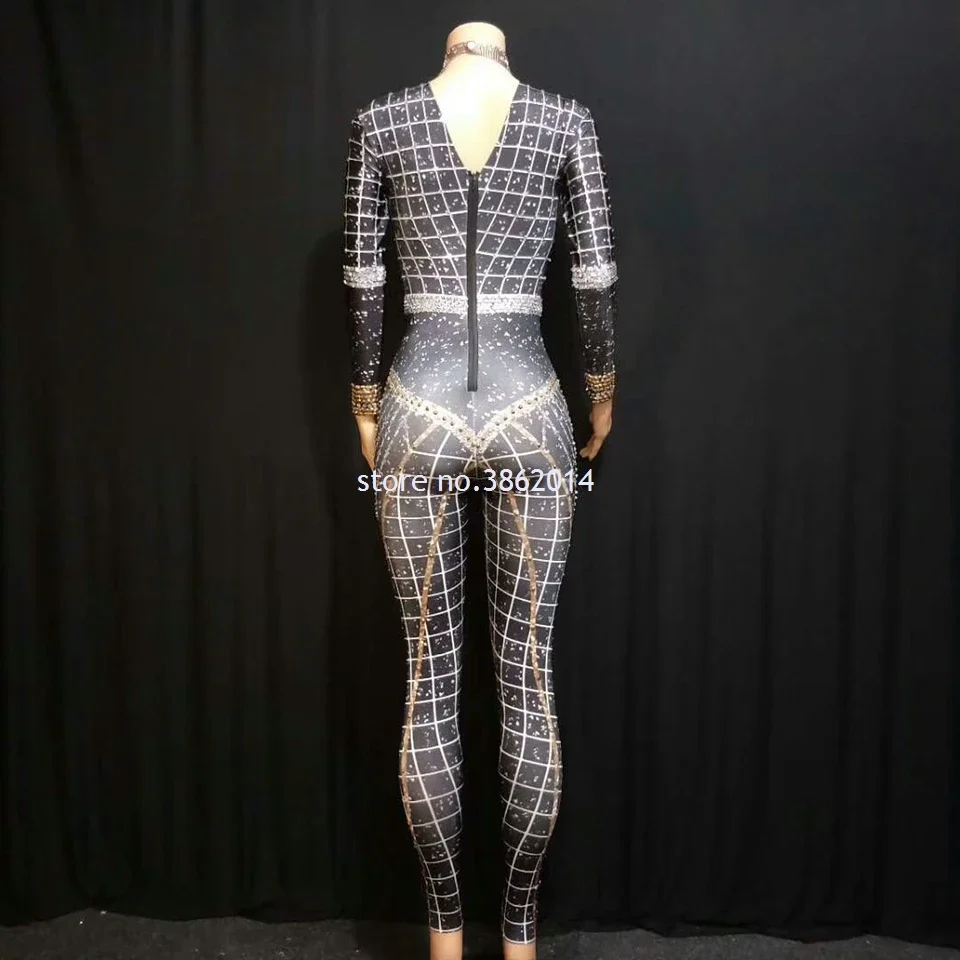 Sparkly Rhinestones Crystal Jumpsuit Women Long Sleeve Spandex Nightclub Bar Prom Party Outfit  Singer Jazz Dance Stage Costume