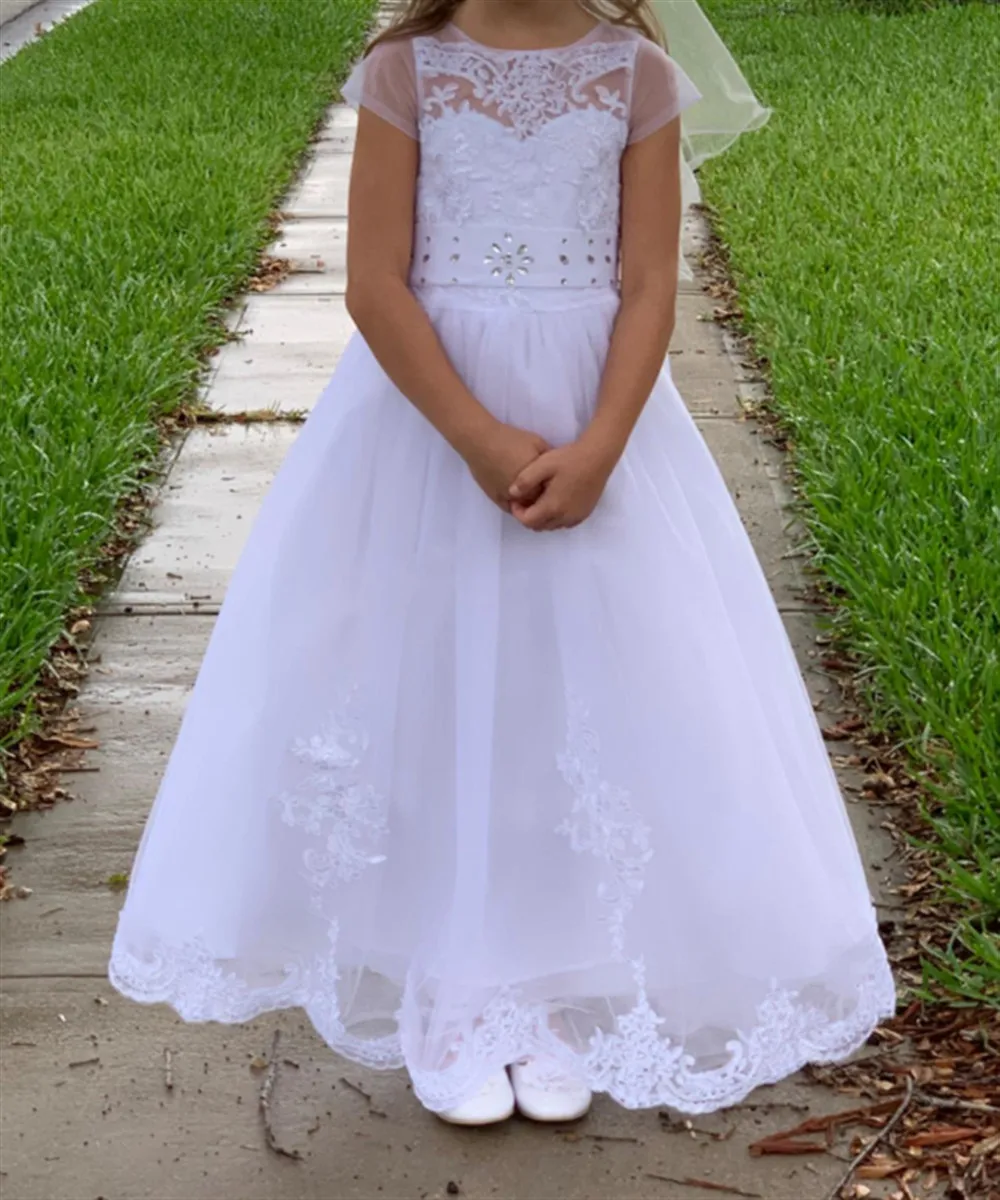 Abito da sposa per ragazza di fiore in pizzo bianco con applicazioni di perline con fiocco Abito da principessa per festa di compleanno Abito da battesimo per prima comunione per bambini