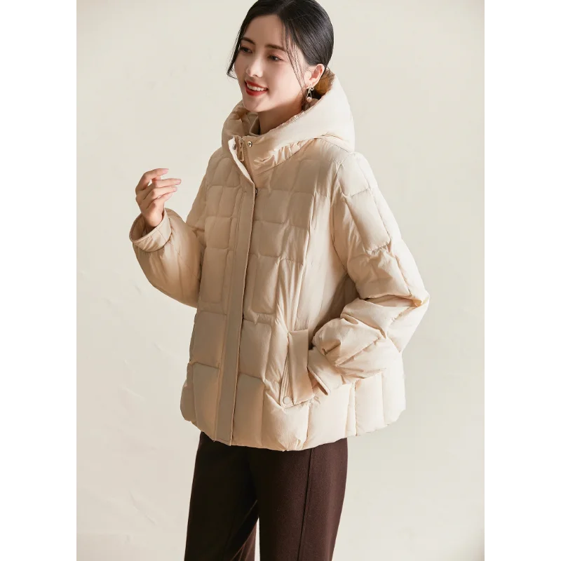 Short Down Jacket for Women, 90 White Duck Down Thickened Warm Rectangular Quilting Monochromatic, Simple Hooded Winter Clothing