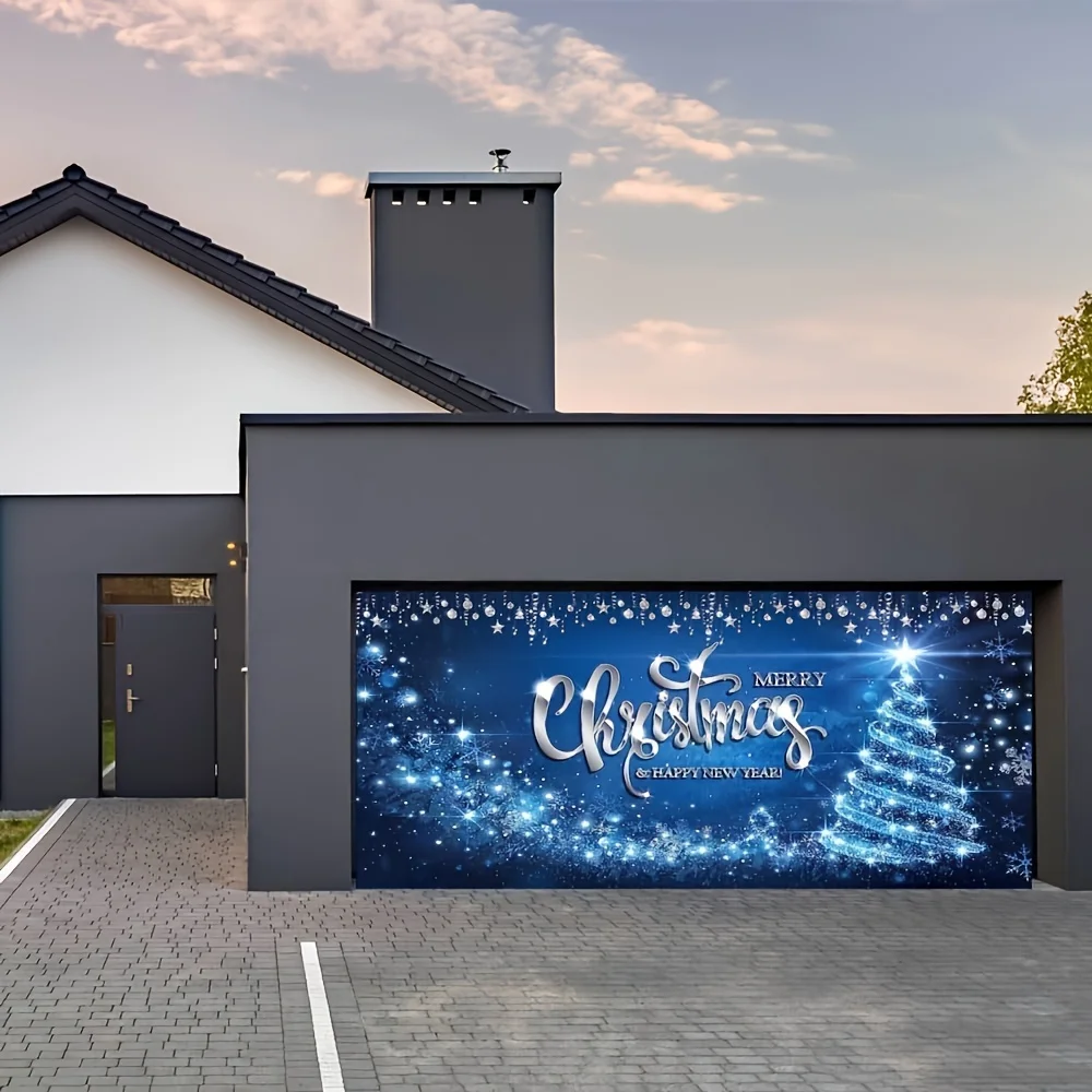 Christmas Decorated Banner Christmas Garage Door decorations, large blue Christmas Garage Door cover banner background