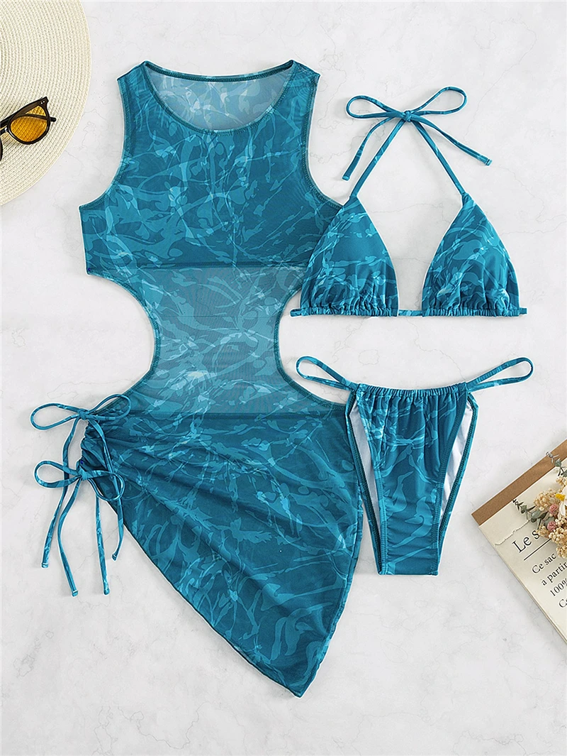 Mesh Swimwear Sexy Micro Bikini Swimming Suit for Women Three Piece Beachwear Bikinis Set Swimsuit Woman 2024 Summer Cover Up