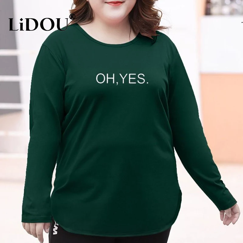 Autumn Winter Fashion Temperament Korean Plus Size T-shirt Women Casual Simple Design Letter Long Sleeve Cotton Print Lady Tops