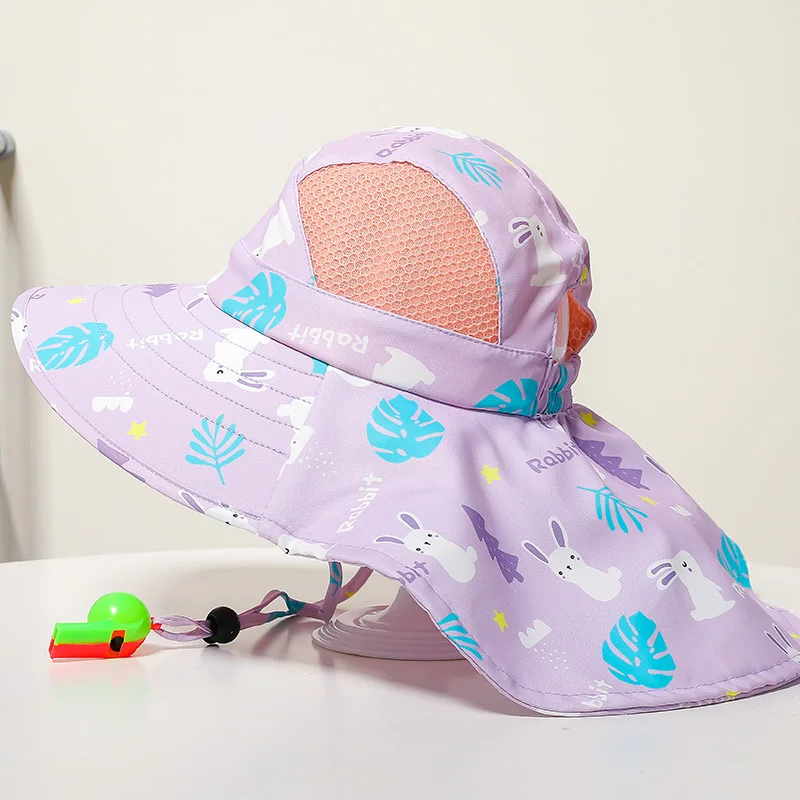 Summer Kids Sun Hat With Neck Flap Strap Wide Brim Beach Hats Kids Bucket Hat UV Protection Panama Cap For Boys Girls Outdoor