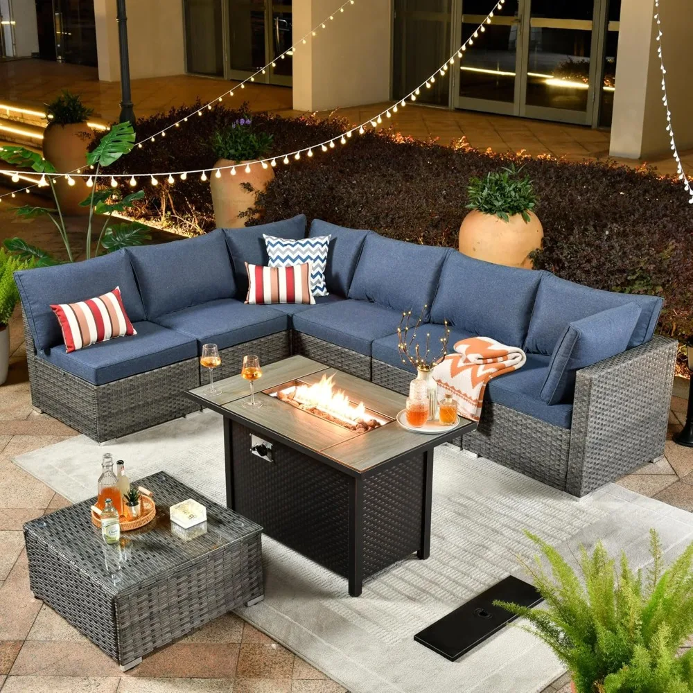 

Outdoor 8 Piece Patio Furniture Set with Fire Pit Table, Conversation Sectional Wicker Couch with Coffee Table