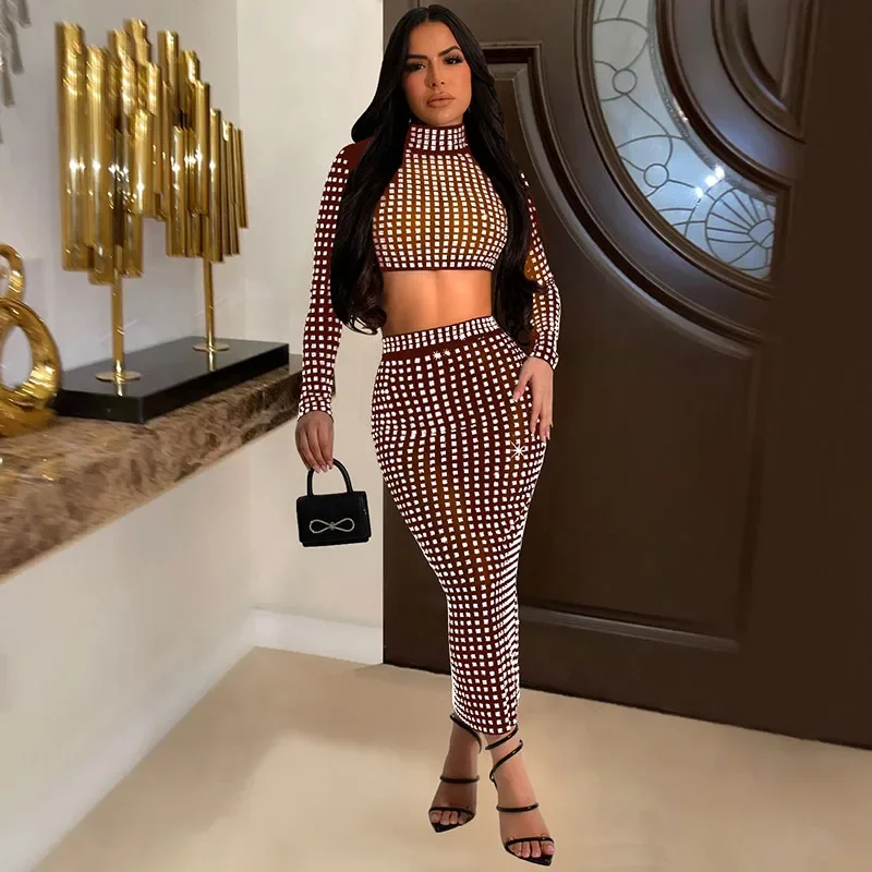 Luxury Diamonds Mesh See Through Dress Sets Womens 2 Piece Outfit Set Long Sleeve Turtleneck Crop Top and Side Split Skirt Sets