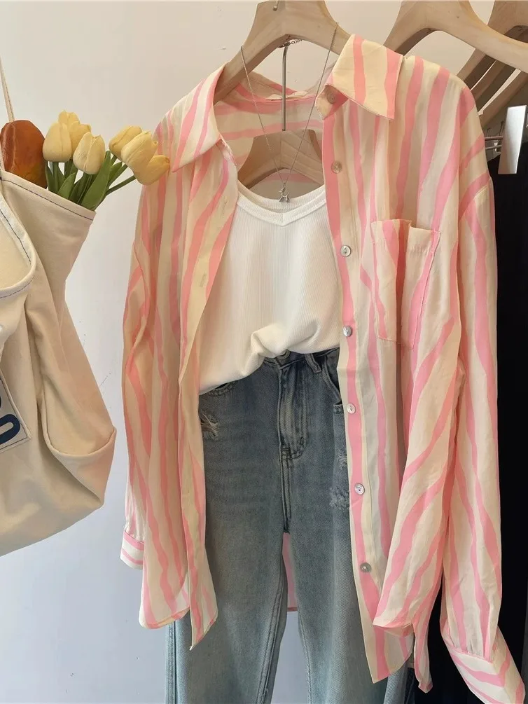 Official Picture Pink Striped Sun Protection Women Shirt Spring Summer Autumn Thin French Chic Cardigan Tops Dropshipping