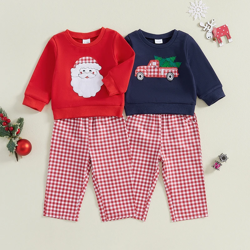 

2024-08-09 Lioraitiin Toddler Boys Christmas Outfits Santa/Truck Embroidery Long Sleeve Sweatshirts and Plaid Long Pants Set