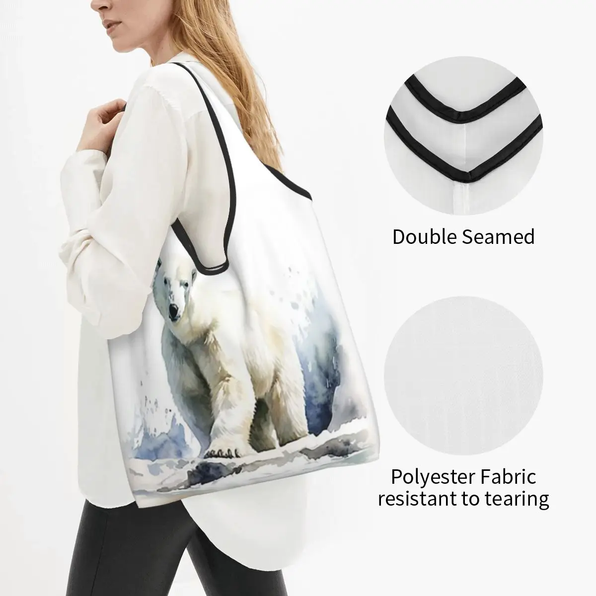 Watercolor Standing In The Snow Polar Bear Portable Tote Shopping Bags Reusable Shopper Bag Groceries Handbag Shoulder Bag