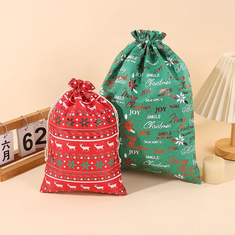 10pcs/lot 20*30, 30*40, 50*70cm Big Sizes Christmas Hot Stamping Printed Linen Drawstring Burlap Bags For Gift Packing Pouches